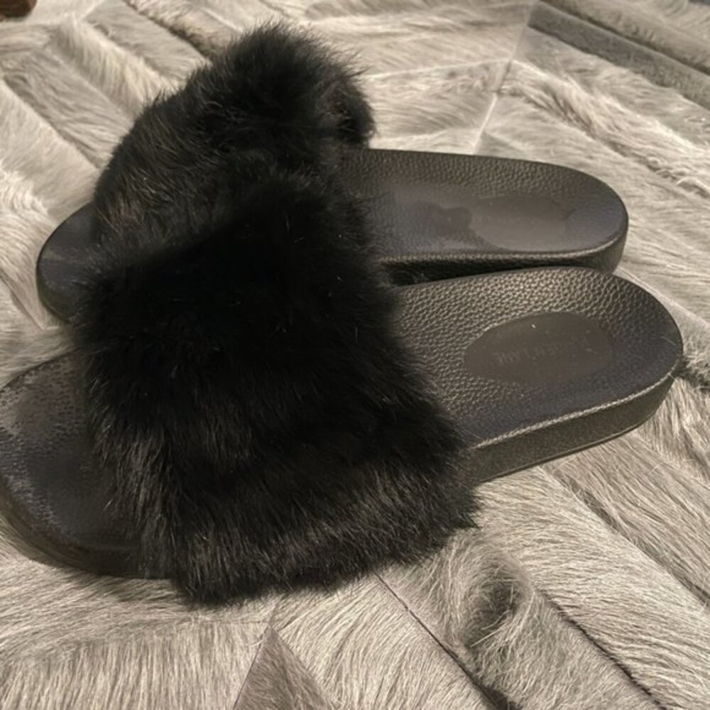 Maiden Lane Open Toe Fur Slip-On Slippers Black Size 11 - Picture 4 of 8